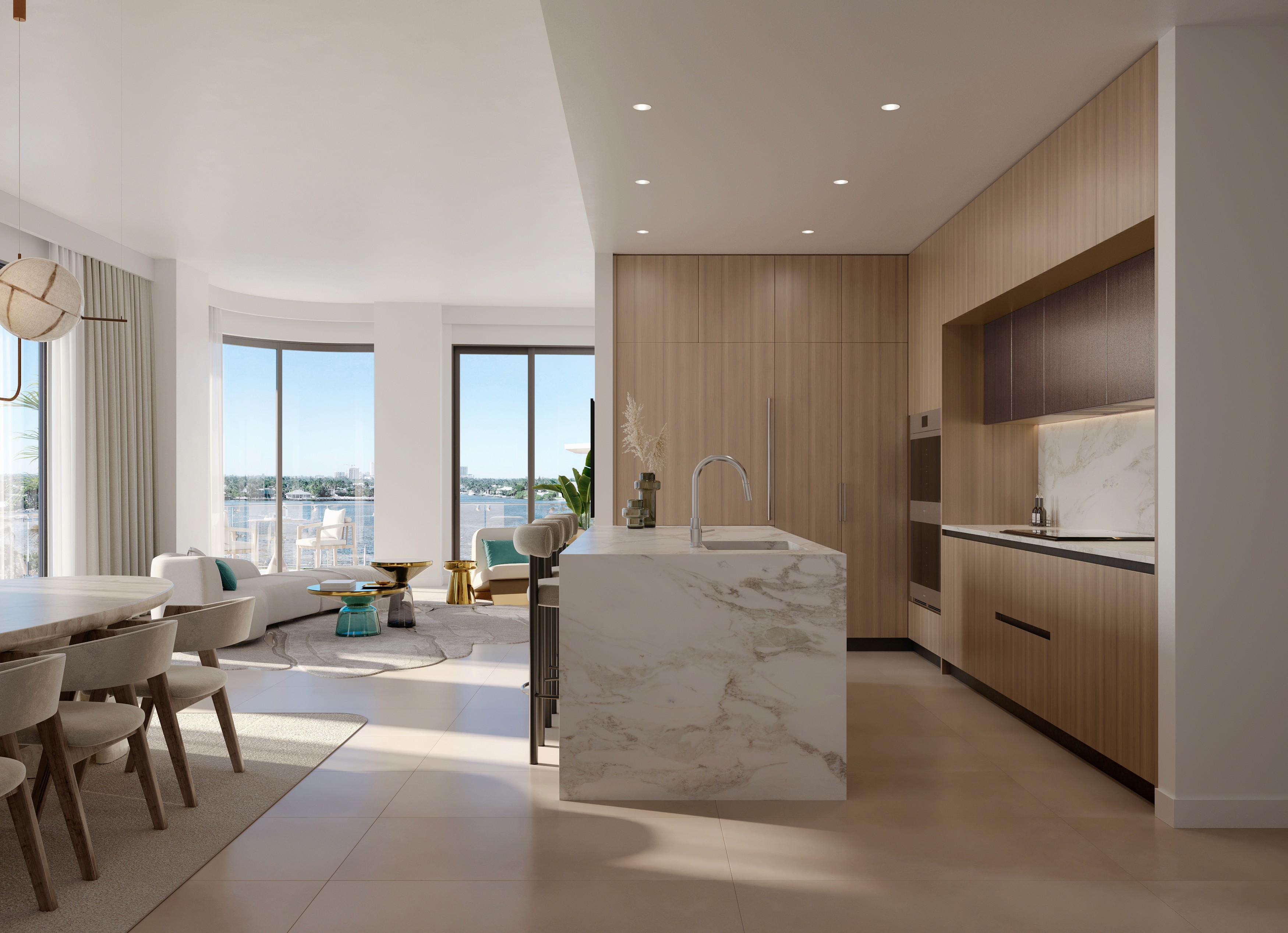 Hollywood Florida condo interior with Italian cabinetry and sunlit living room.