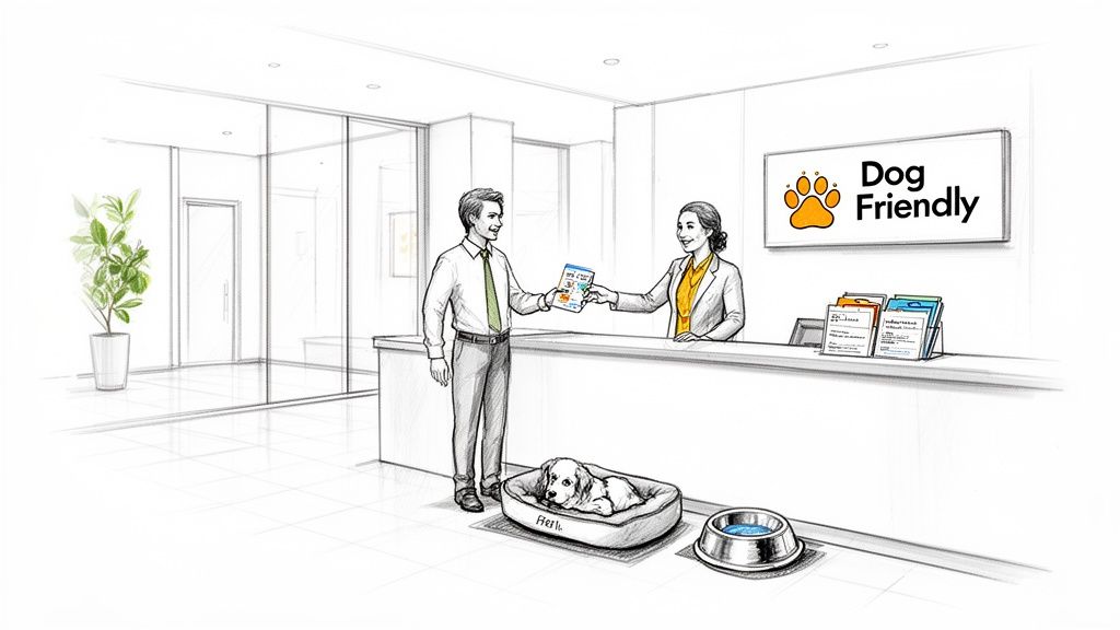 A man and his dog check into a dog-friendly reception, greeted by a woman at the counter.