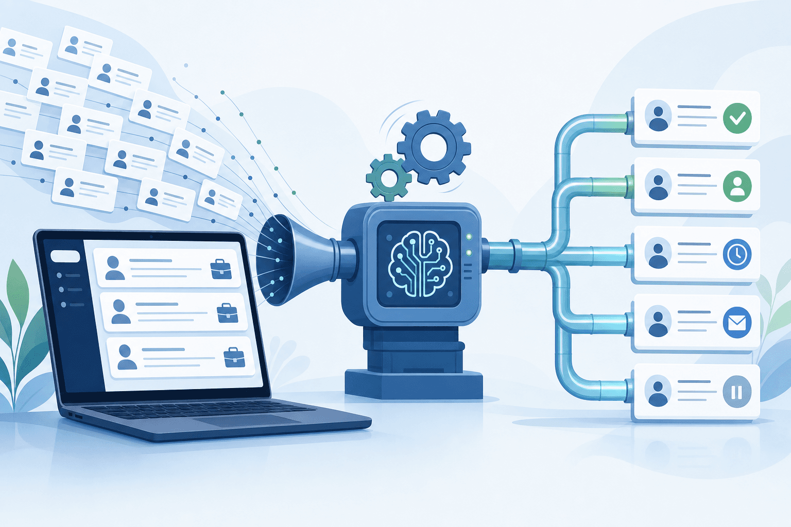 A clean, modern illustration showing an automated job application workflow. Display a laptop or computer screen with job listings flowing into an organized pipeline system, with gears or automation symbols representing AI processing. Use a professional color palette with blues and greens. The style should be minimalist and tech-focused, showing the concept of automation transforming job search chaos into an organized system. No text or words in the image.