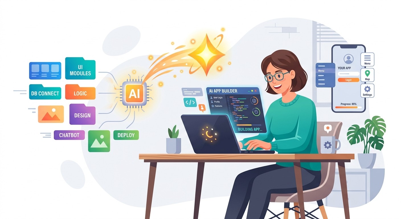 Illustration of a person building a mobile app quickly using an AI app builder