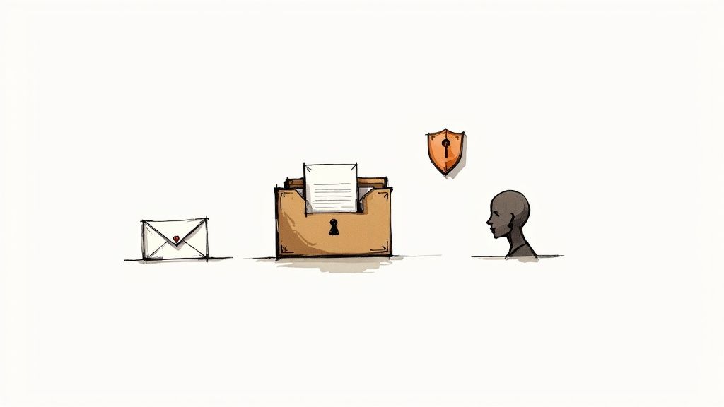 A series of icons representing secure communication: an envelope, a locked file box, a shield, and a person's profile.