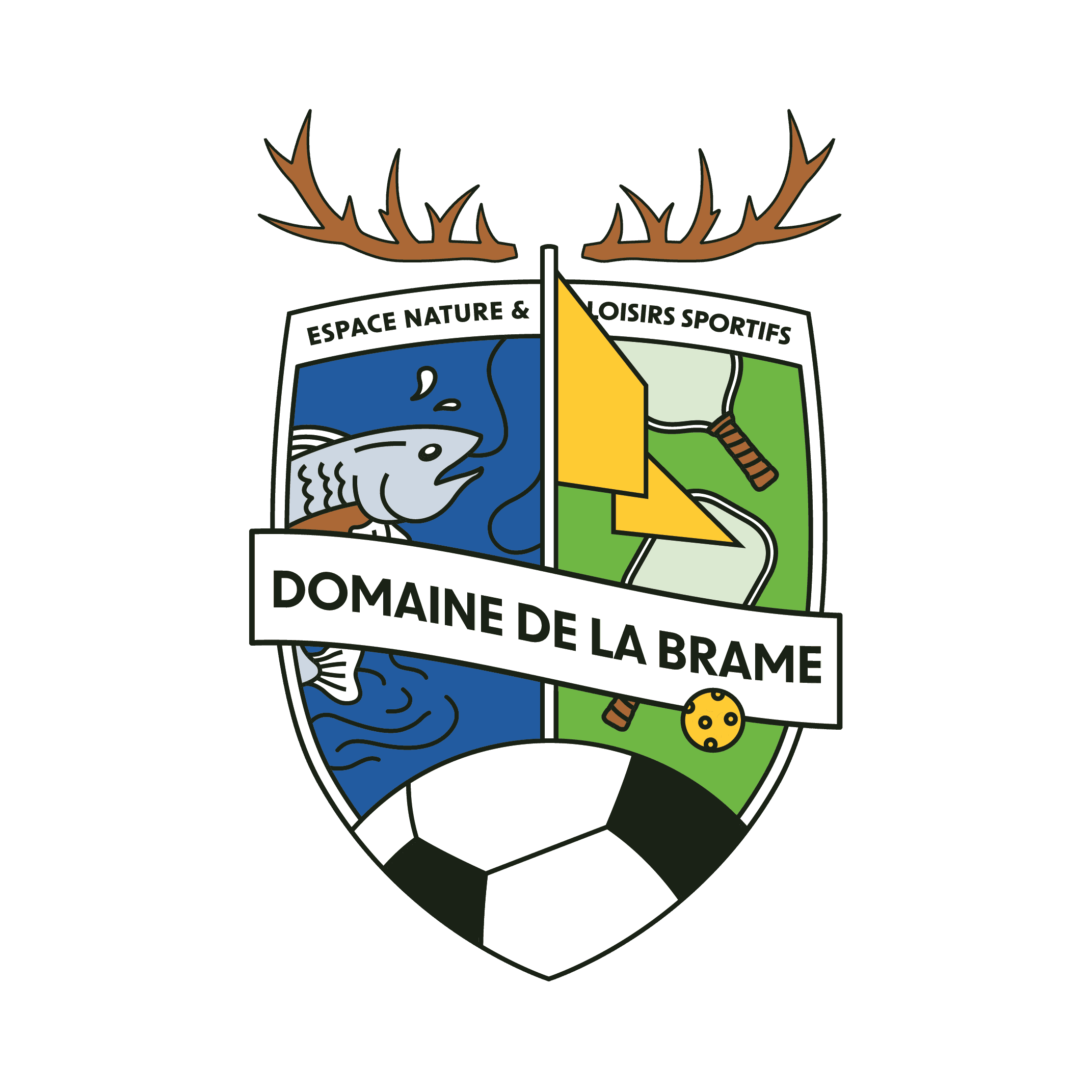 Blason du domaine de la brame représentant ces trois principales activités de loisirs sportifs en nature, la pêche, le footgolf et le pickelball