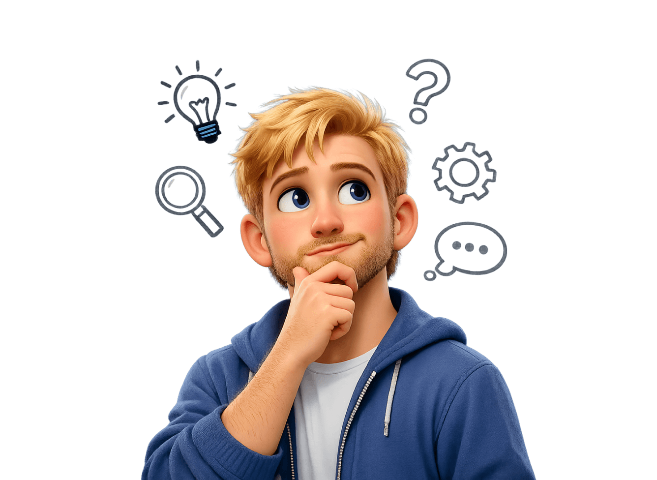 Illustration of a thoughtful young man in a blue hoodie resting his hand on his chin, surrounded by icons including a light bulb, magnifying glass, question mark, gear, and speech bubble to represent thinking, problem-solving, and ideas.