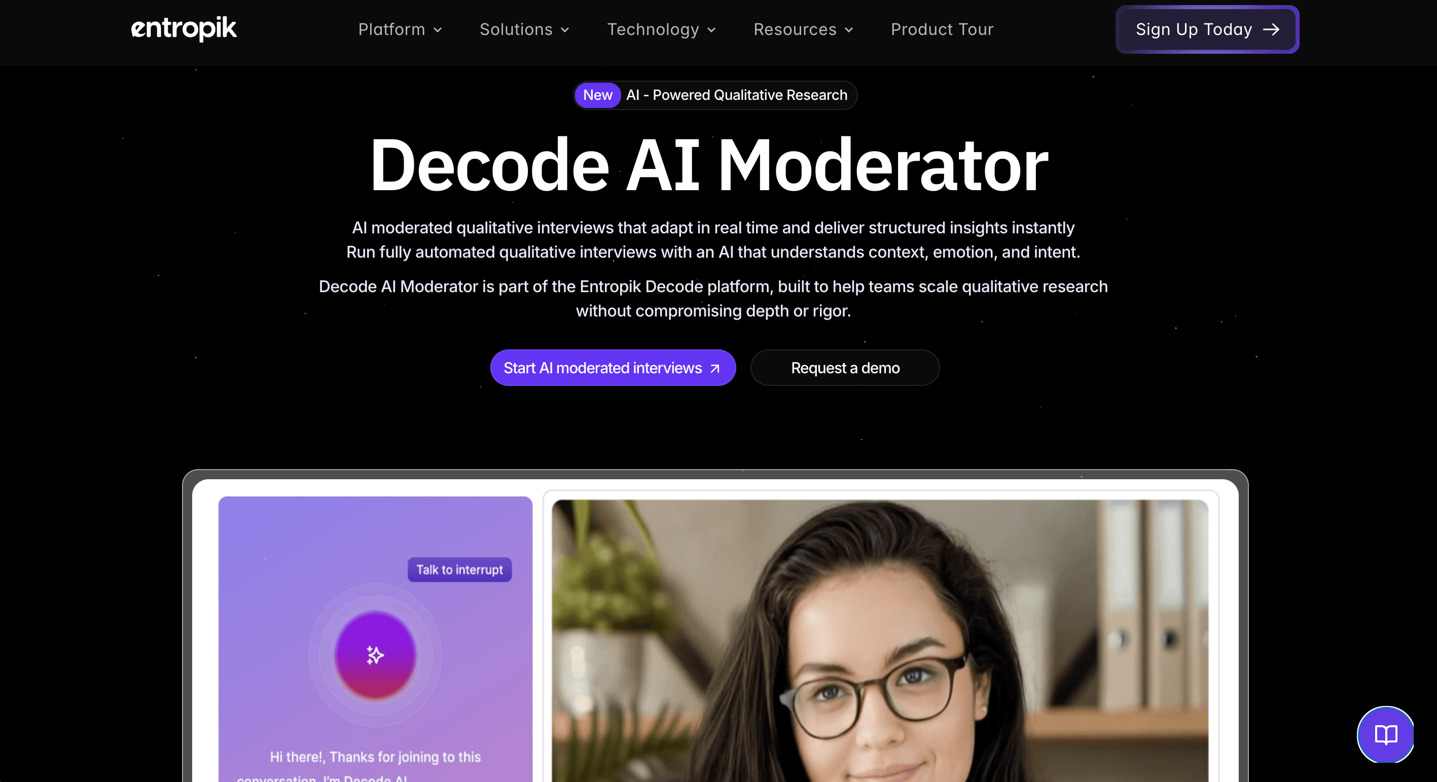 AI Interviews by Entropik's Decode landing page.
