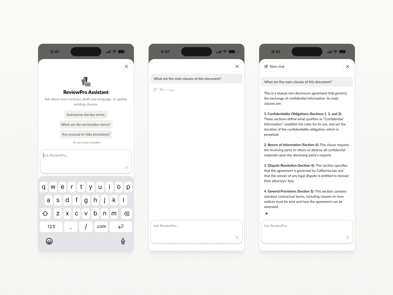 ReviewPro AI assistant chat answering 'What are the main clauses of this document?'