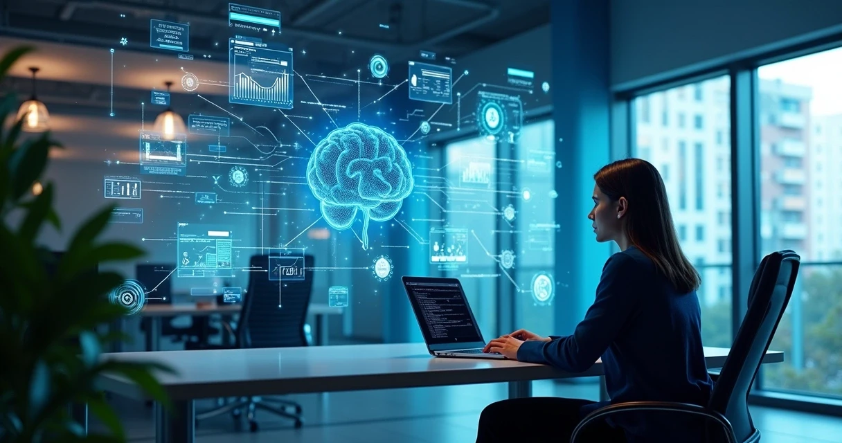 Profissional com computador, gráficos digitais e elementos de inteligência artificial ao redor