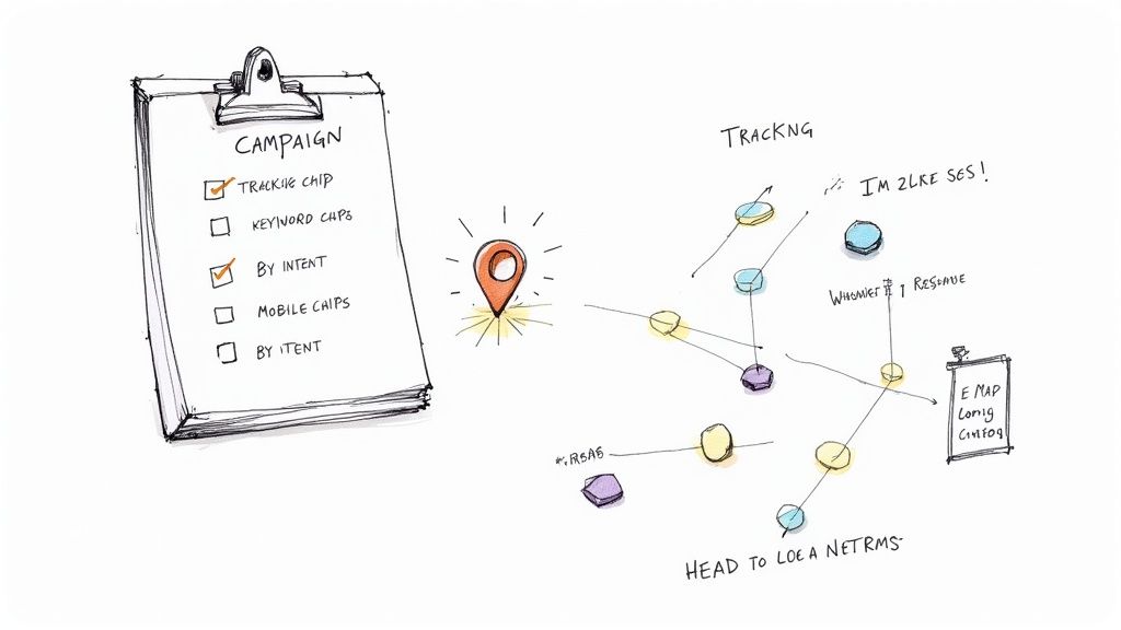 A digital dashboard showing a keyword tracking campaign setup with charts and lists.