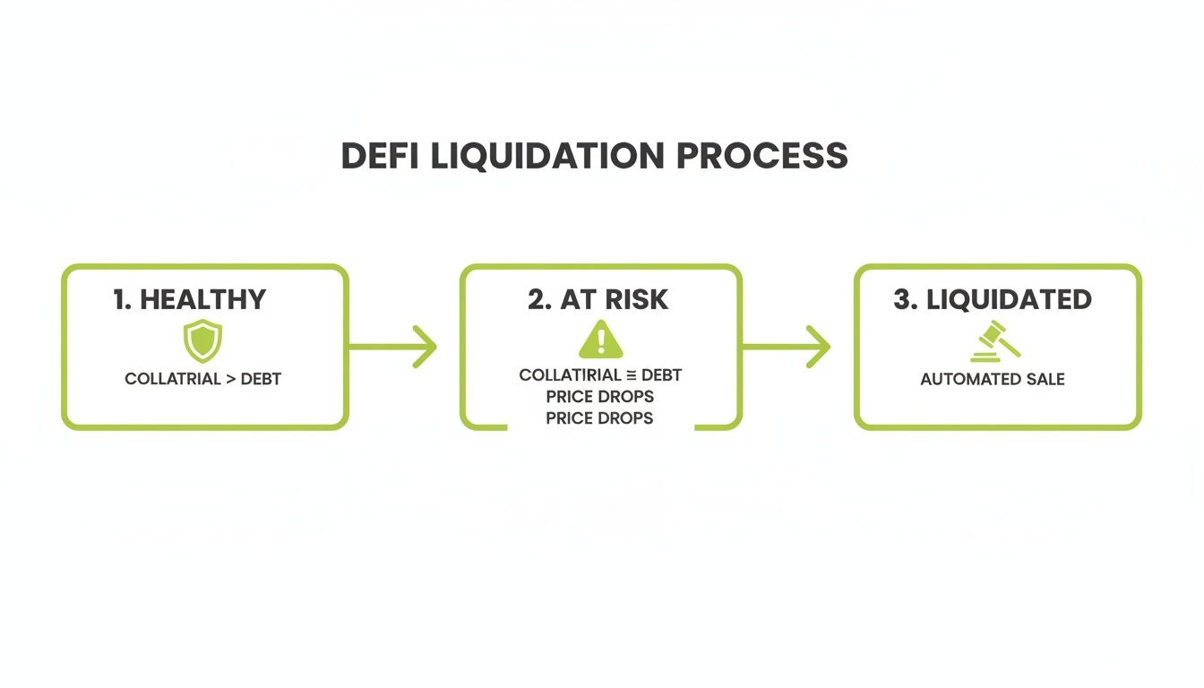 DeFi liquidation process explained in three steps: healthy collateral, at-risk, and automated sale.