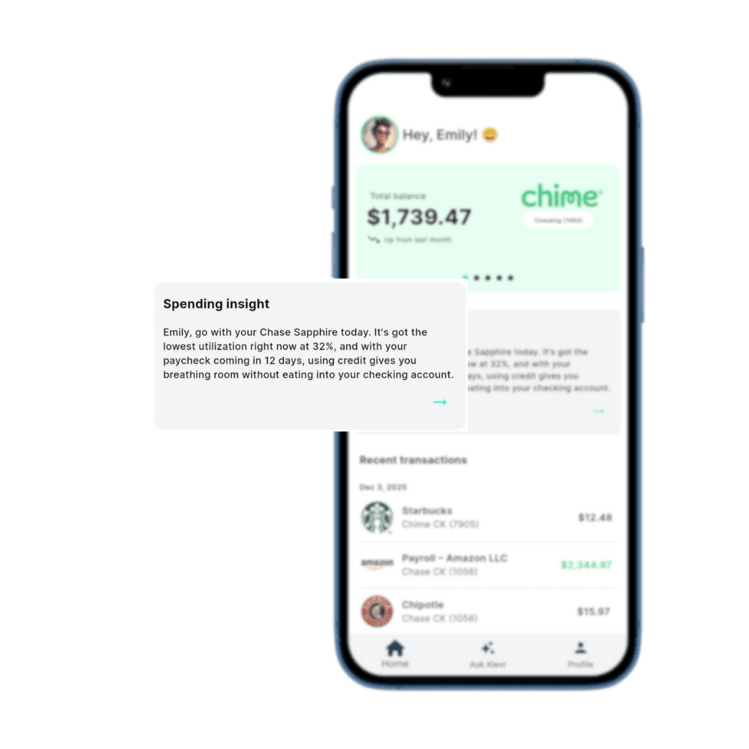 KlevrPay AI-powered spending insights screen showing Chase Checking account, transaction history, and personalized alerts to cut costs.