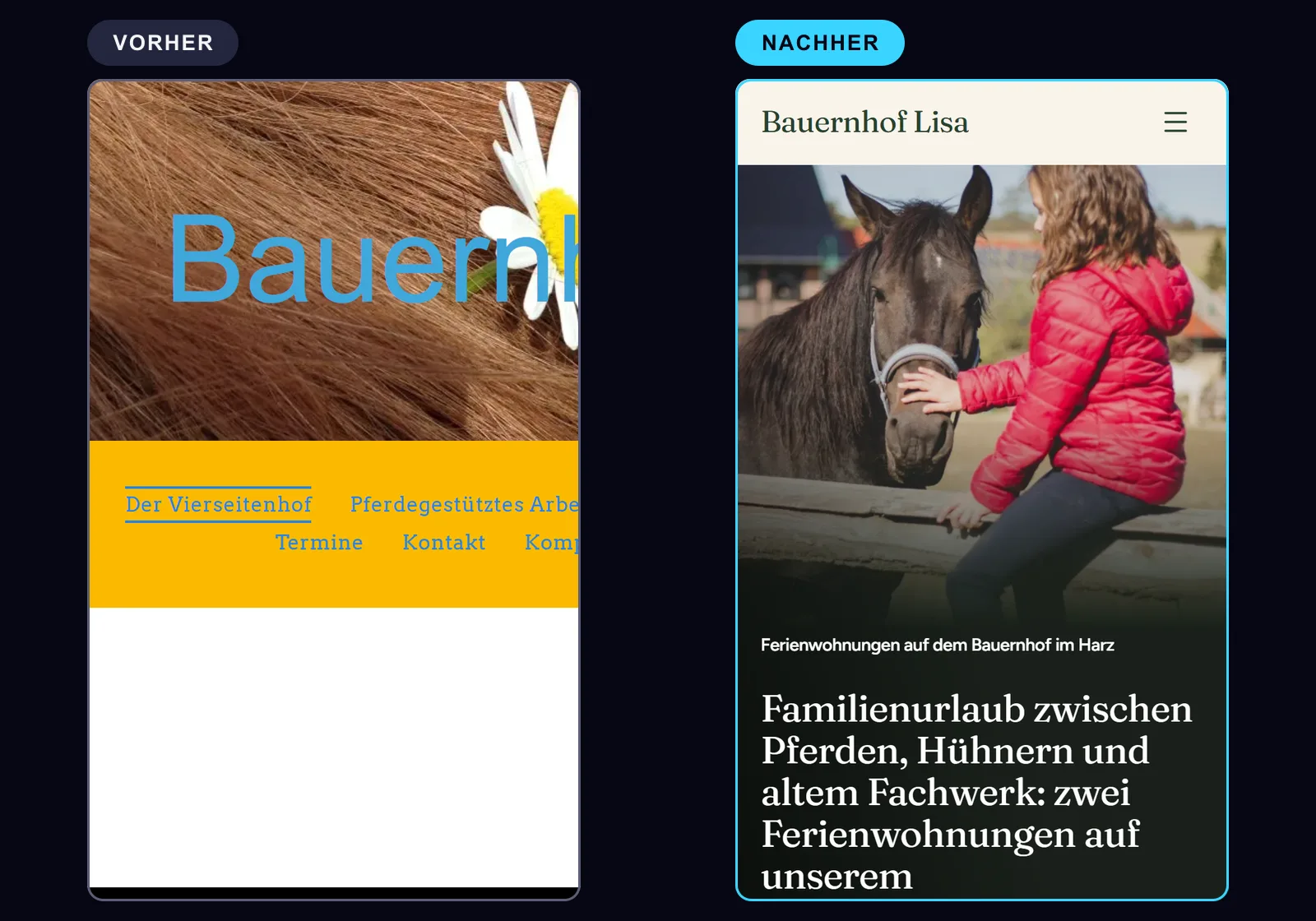 Vergleich der Handyansicht: links die alte Seite mit abgeschnittenem Titel und abgeschnittener Navigation, rechts die Demo mit sauberem Hero aus Foto und Überschrift.