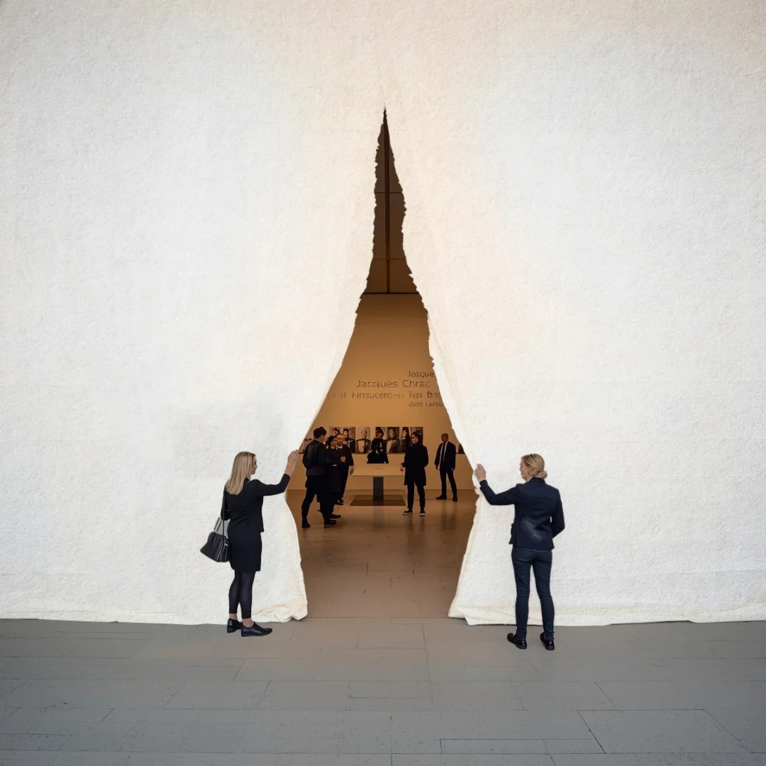 Happening au Vernissage du quai Branlty mettant en scène une déchirure du papier de l'affiche, permettant d'entrer à travers le papier directement dans l'exposition