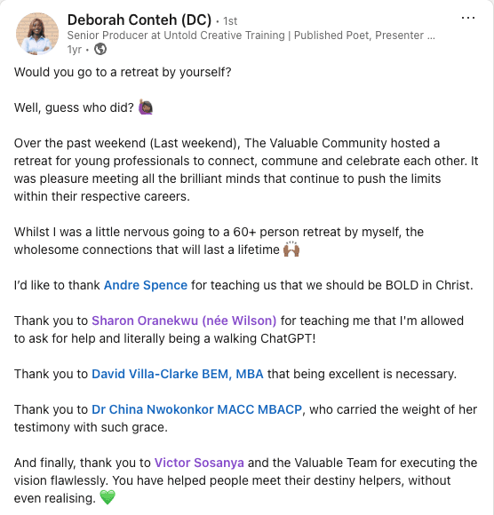 Screenshot of a LinkedIn post sharing feedback about The Valuable Retreat experience.