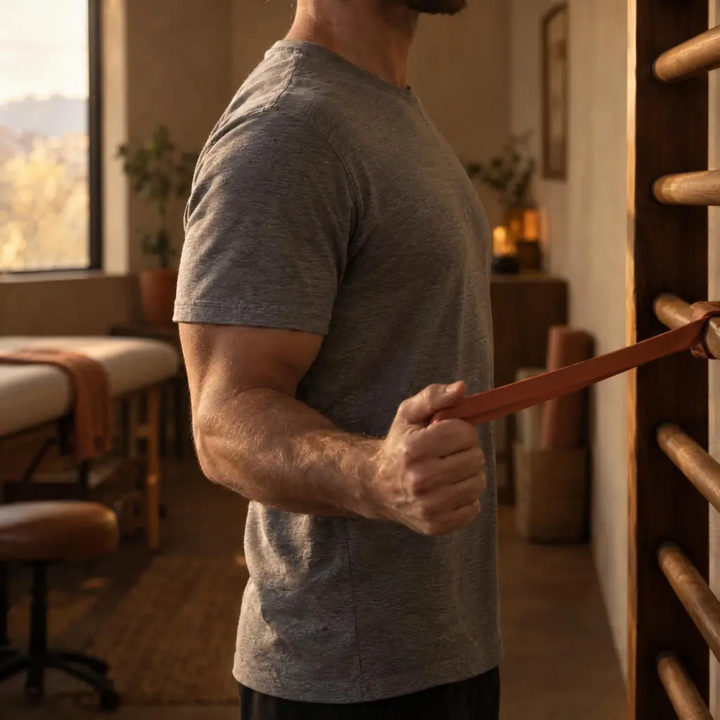 Shoulder external rotation exercise with a terracotta resistance band