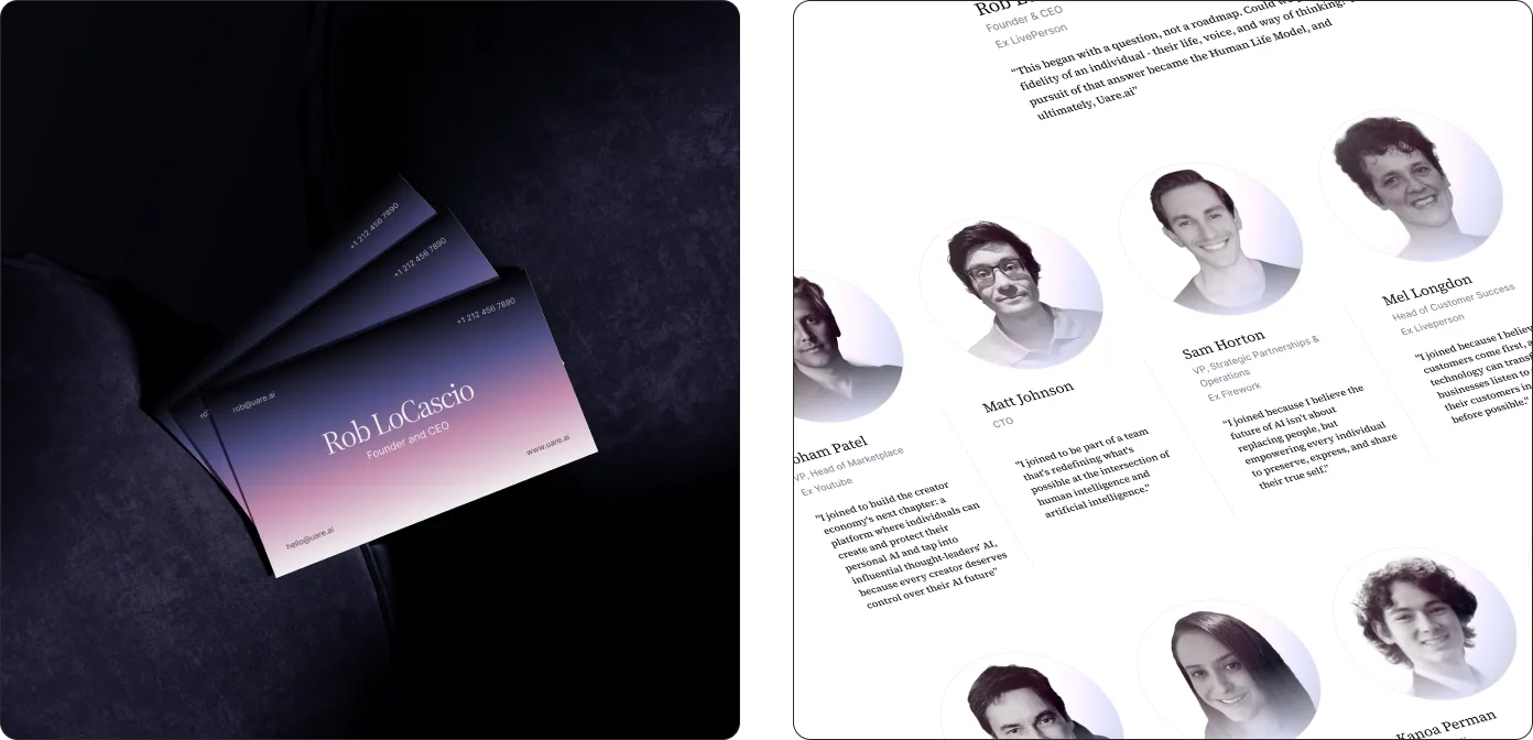 Uare.ai brand collateral featuring business cards, team profiles, and identity system applications.