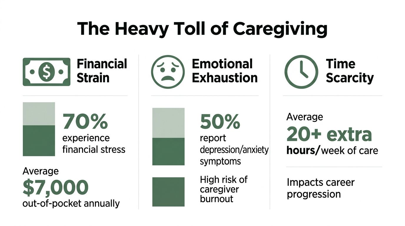 An infographic titled The Heavy Toll of Caregiving, highlighting financial strain, emotional exhaustion, and time scarcity.
