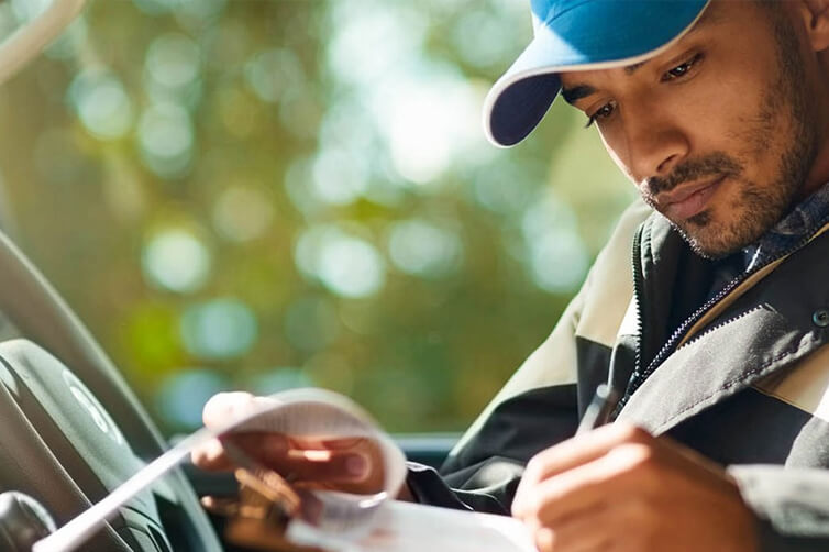 Delivery worker writing on clipboard inside vehicle