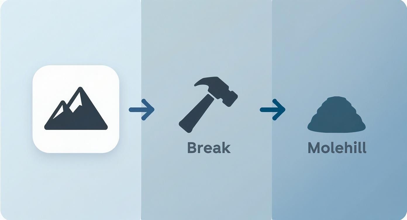 Infographic showing the process of breaking a mountain of a task into smaller molehills.