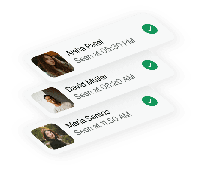 3D isometric UI illustration showing three stacked patient cards — Aisha Patel (seen at 05:30 PM), David Müller (seen at 08:20 AM), and Maria Santos (seen at 11:50 AM) — each with a profile photo and a green checkmark indicating completion