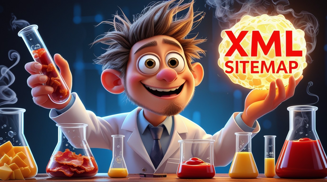 A crazy but friendly cartoon scientist with messy hair, wearing a white lab coat, holding a giant glowing XML SITEMAP