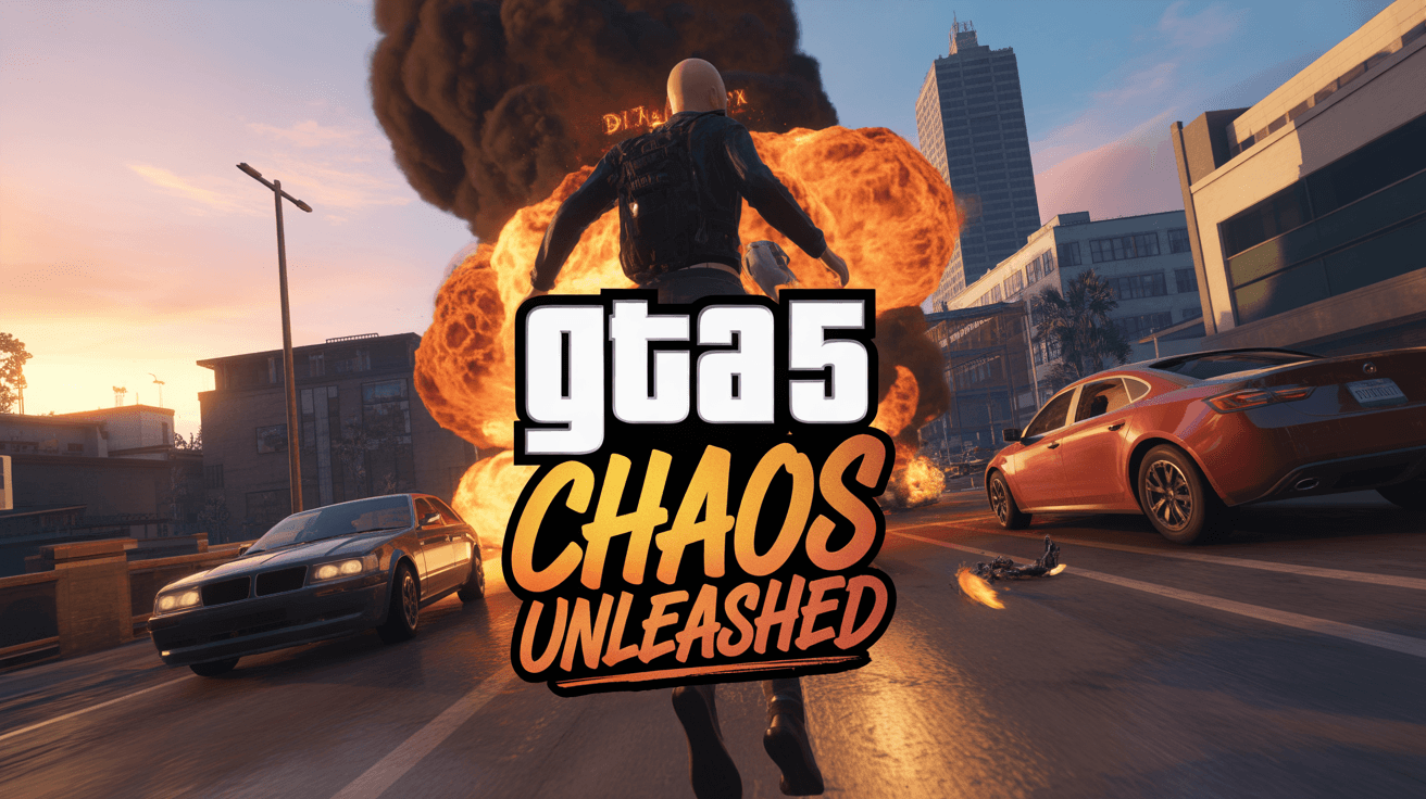 GTA 5 player running from huge city explosion with Chaos Unleashed text over downtown street