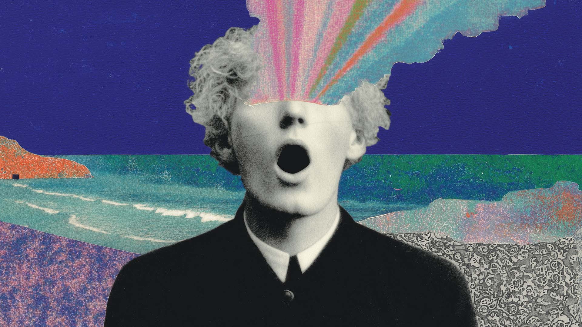 Conceptual surreal art of a person with rainbow light bursting from the head, digital collage design.