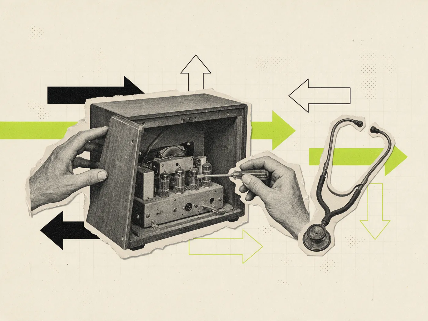 Colagem vintage: mãos abrem um rádio antigo para inspecionar as válvulas, o diagnóstico antes do redesign de site