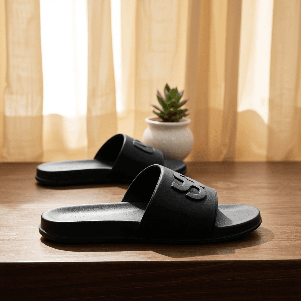 product photography of a pair of slide sandals