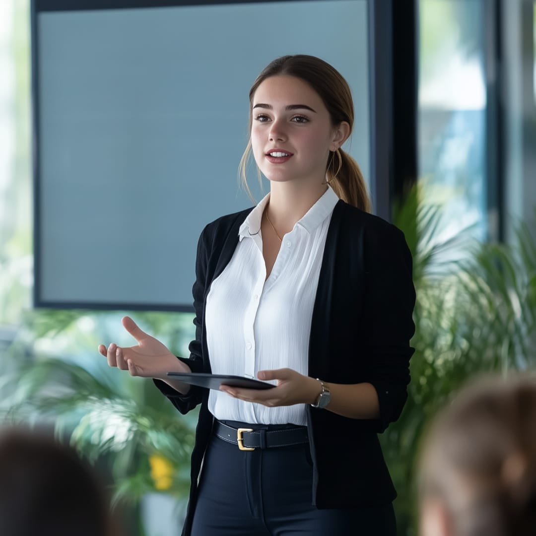 A young woman presenting in a modern office environment