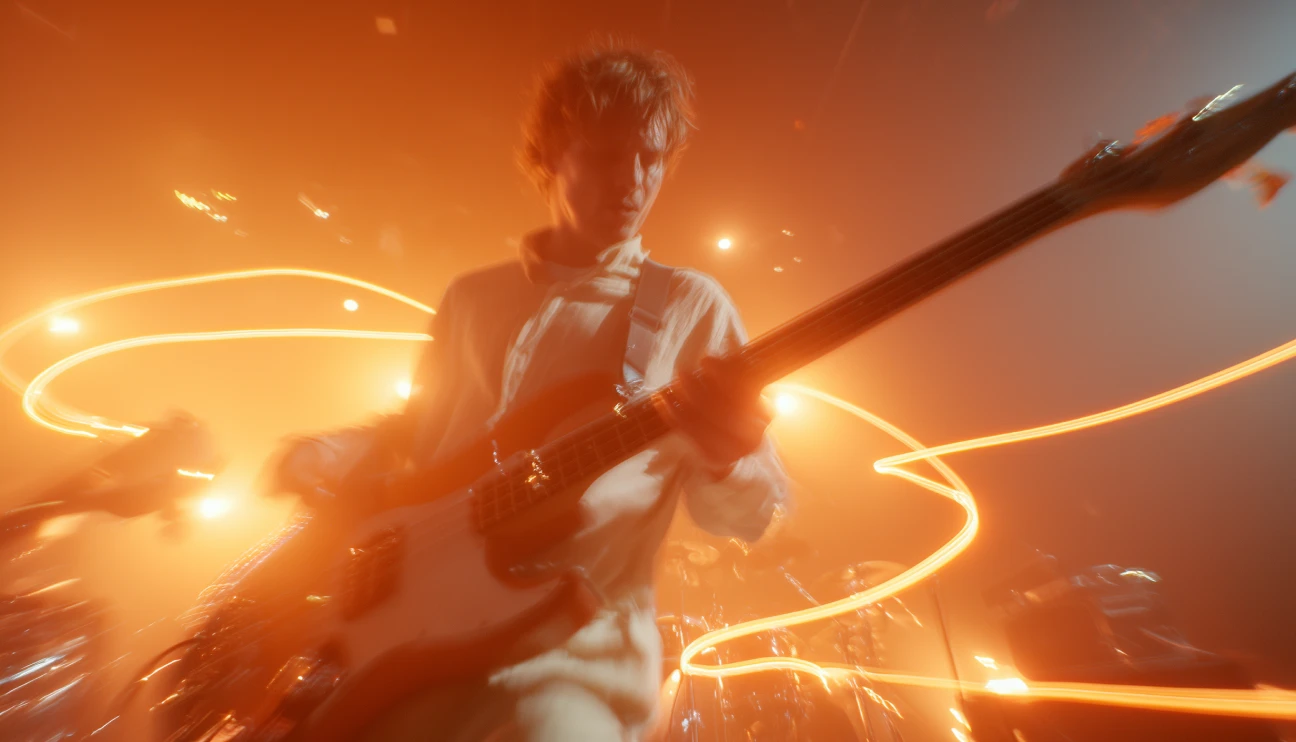 Bass player in motion blur with intense orange light
