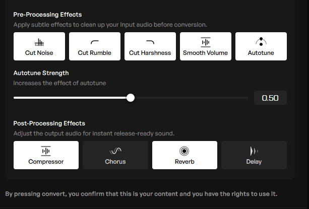 Kits advanced settings page with pre and post processing effects toggled