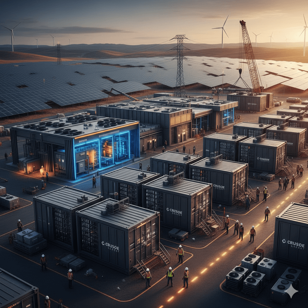The image depicts a high-tech energy facility set against a backdrop of wind turbines and solar panels, with numerous modular containers and busy workers, illustrating a sustainable and innovative industrial environment.