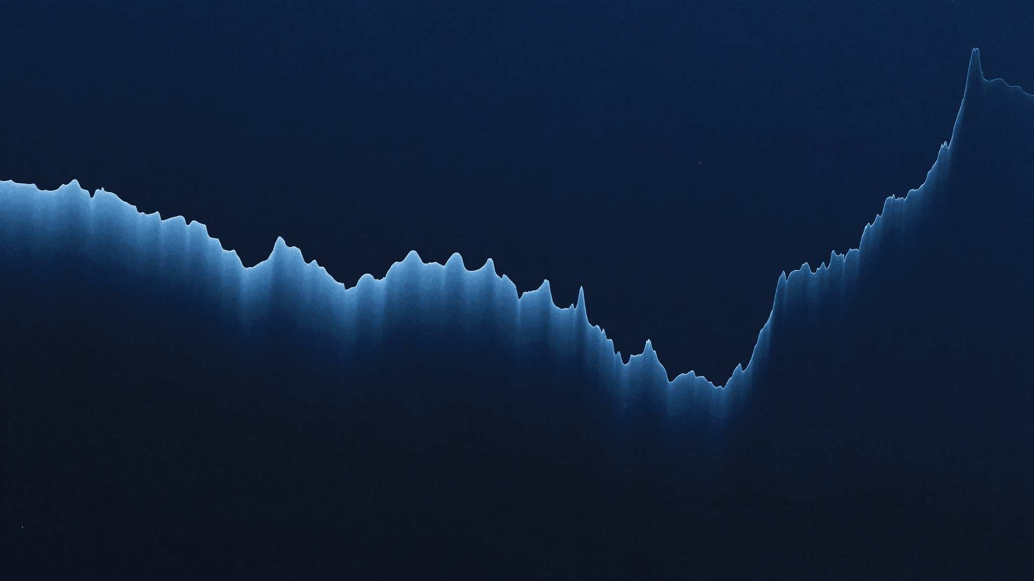 Abstract navy-blue visualization of a market volatility curve dipping into a drawdown and recovering