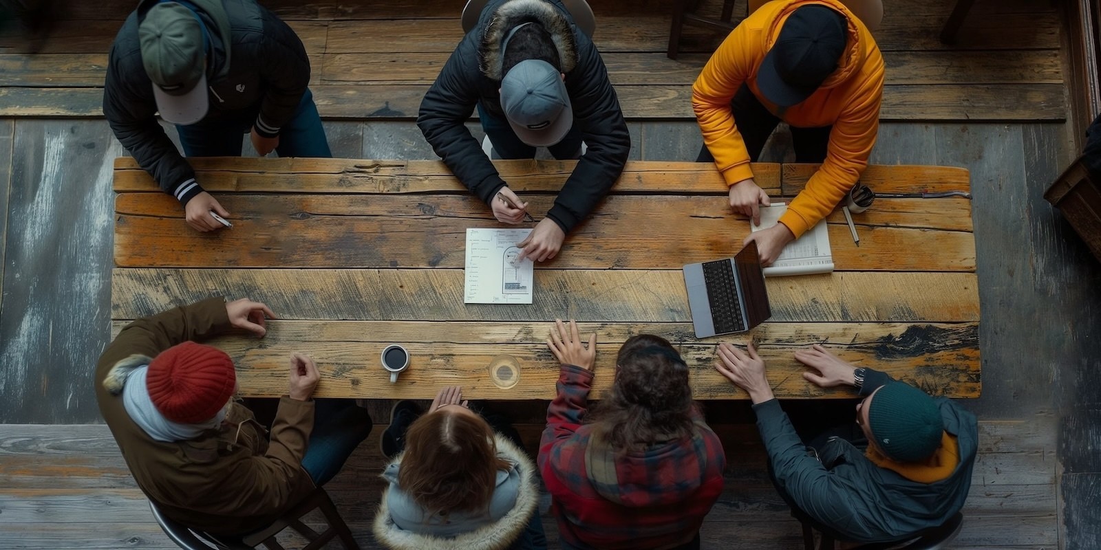 Collaborative work session overhead view of six people collaborating at a rustic wooden table with coffee, papers, and a laptop