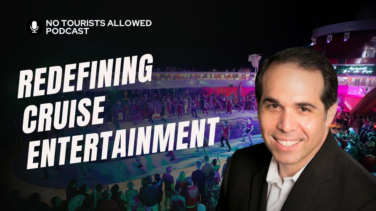 An image of a boat floating with the caption "FLOATING CITIES" above Mike Putman and James Ferrara, the No Tourists Allowed Podcast Hosts