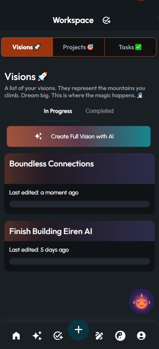 Eiren AI workspace highlighting the Visions tab, where users can create and track goals with AI-generated tasks and projects.