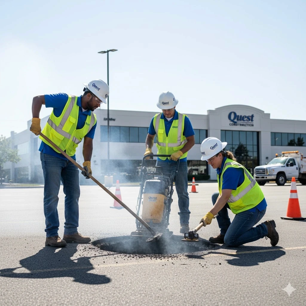 Crew filling pothole in parking lot