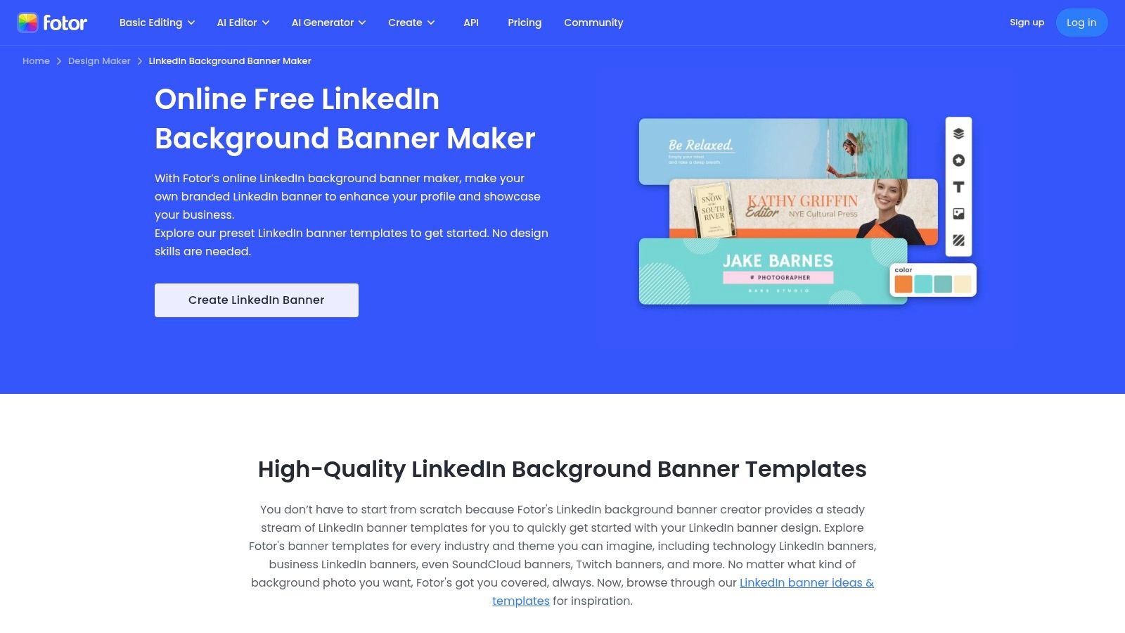 Fotor's LinkedIn banner templates and editor interface