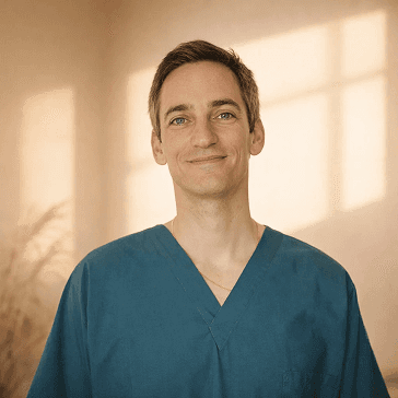 Dr. Lawrence wearing medical scrubs in professional clinic portrait