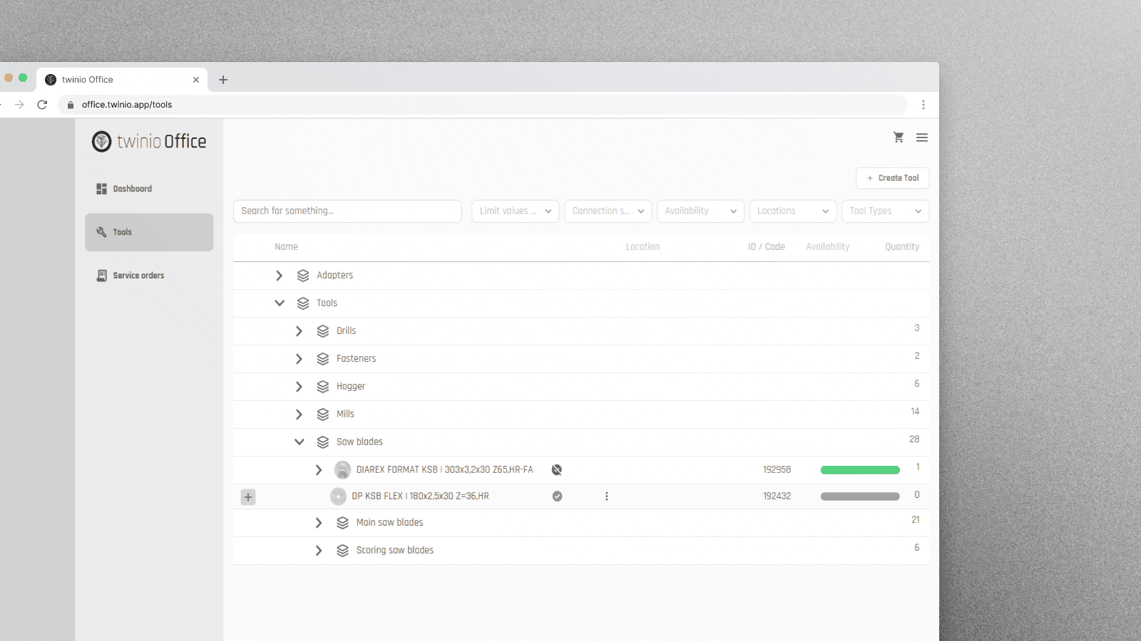 Screenshot der Werkzeugübersicht in twinio Office.