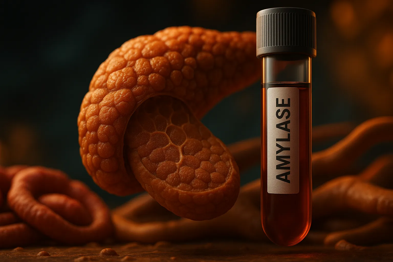 Amylase blood test vial beside stylized pancreas illustration.