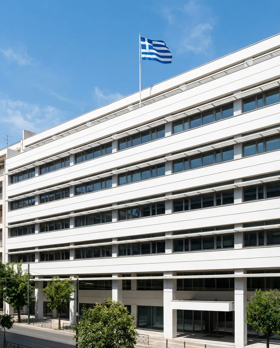 Greek Ministry of Finance building with Greek flag in daylight