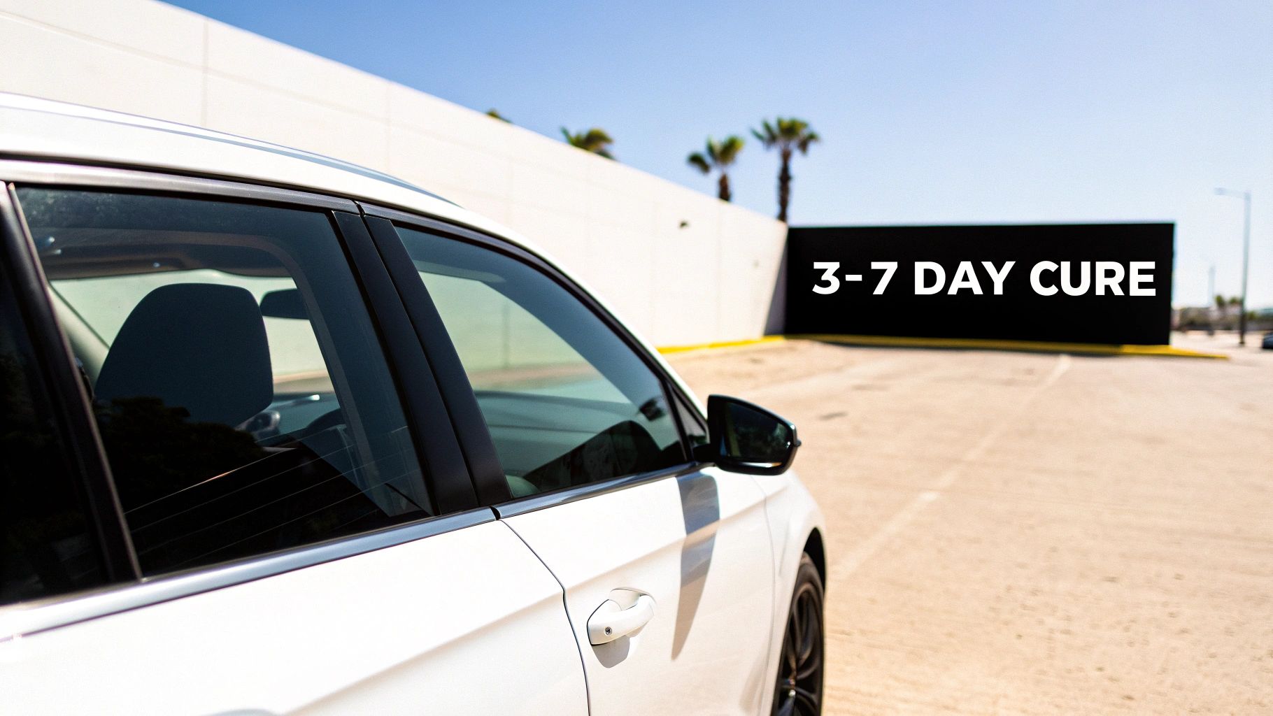 A white car parked outdoors with a black wall in the background displaying '3-7 DAY CURE'.