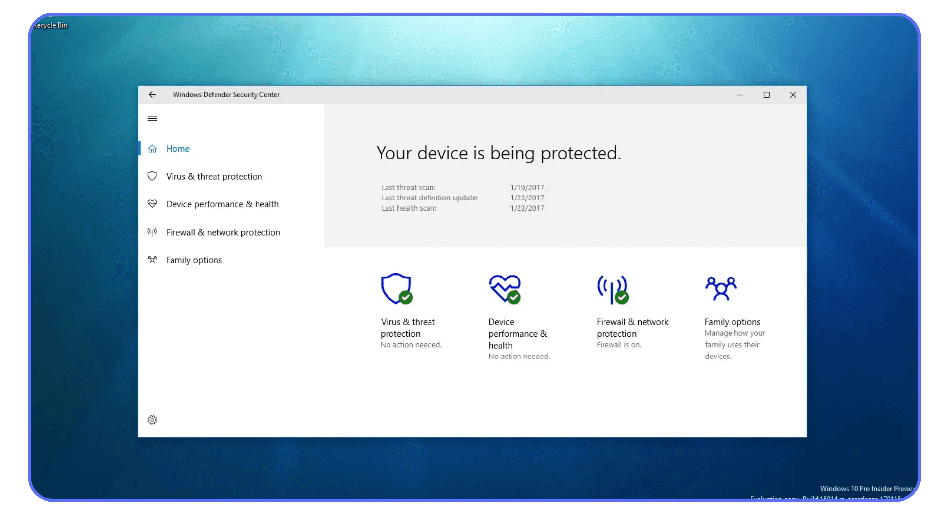 Windows Security dashboard showing “Your device is being protected” with virus protection, firewall, and performance status.