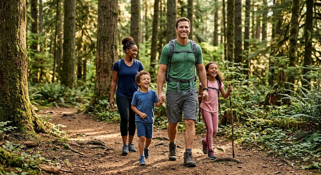 Family hiking through forest