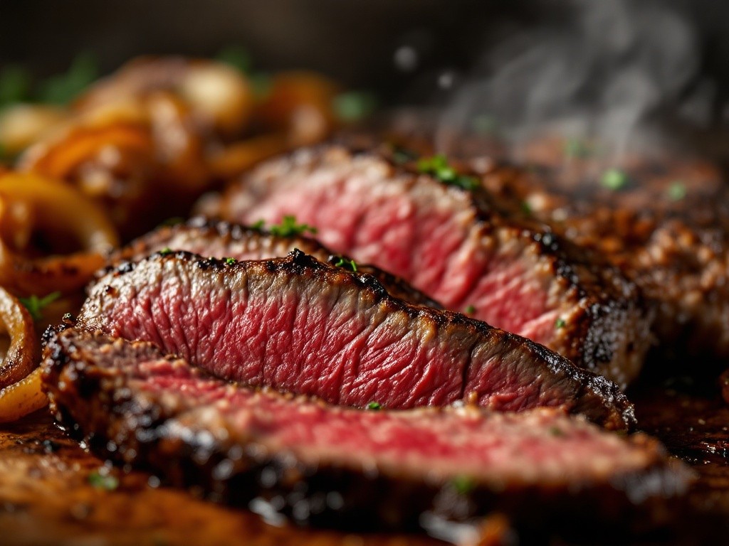 Close-up view of sliced steak with onions