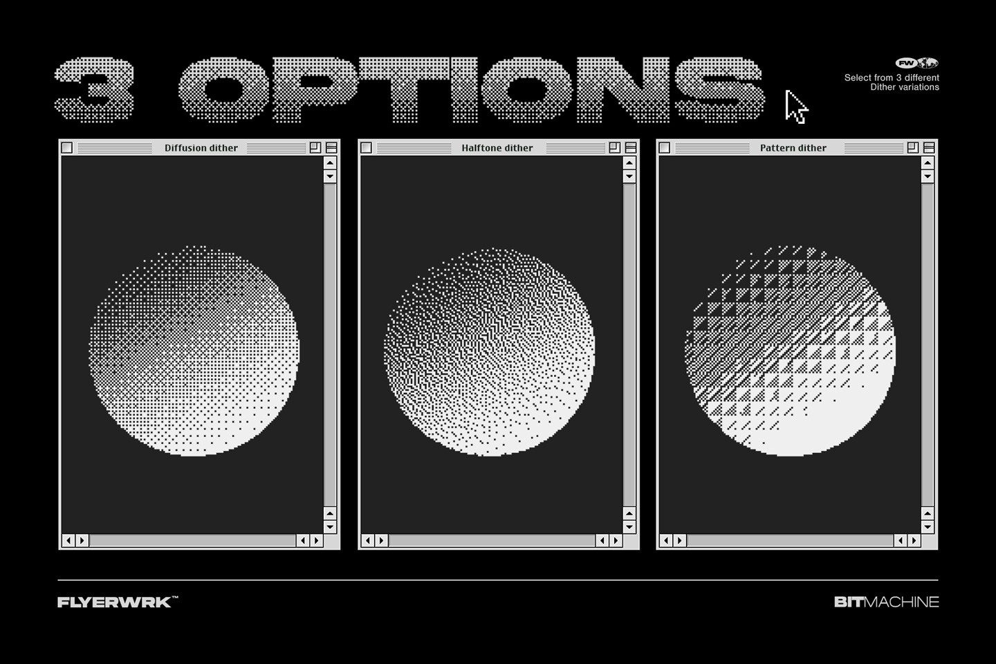 Three distinct bitmap dither variations demonstrating retro 8-bit halftone styles on circular gradient shapes