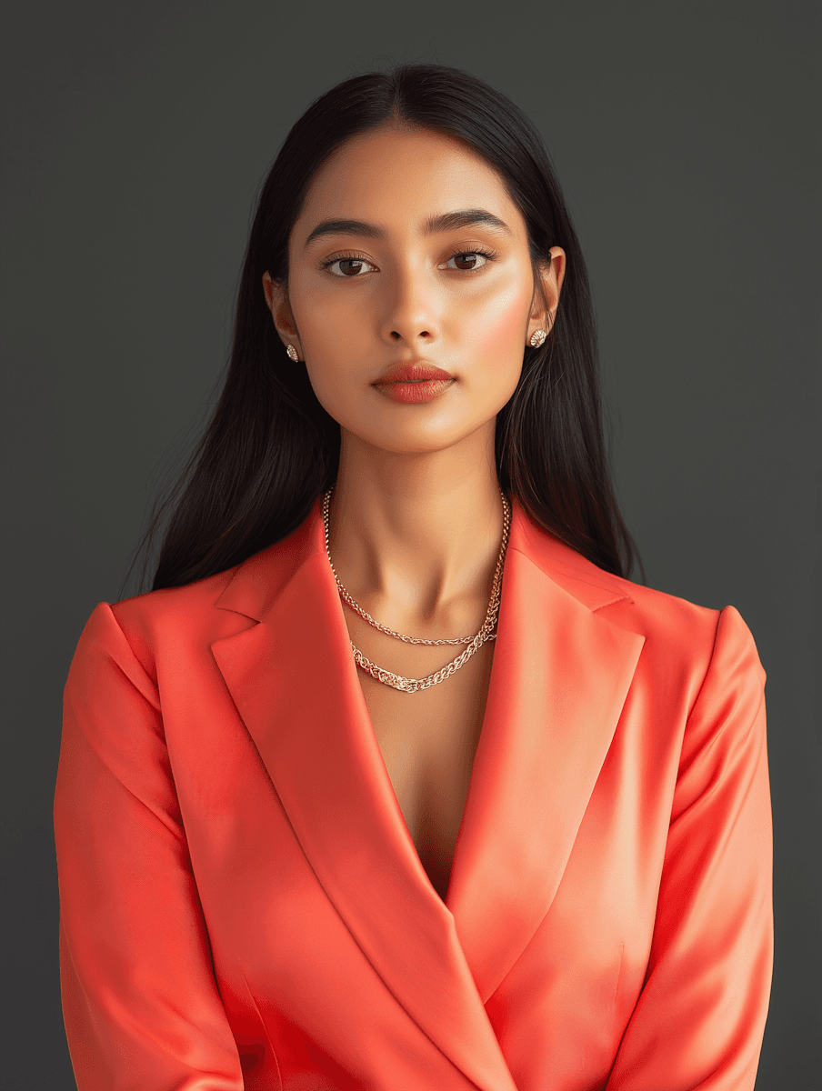 Portrait of a young woman with long dark hair wearing a coral blazer and gold jewelry against a dark gray studio background.