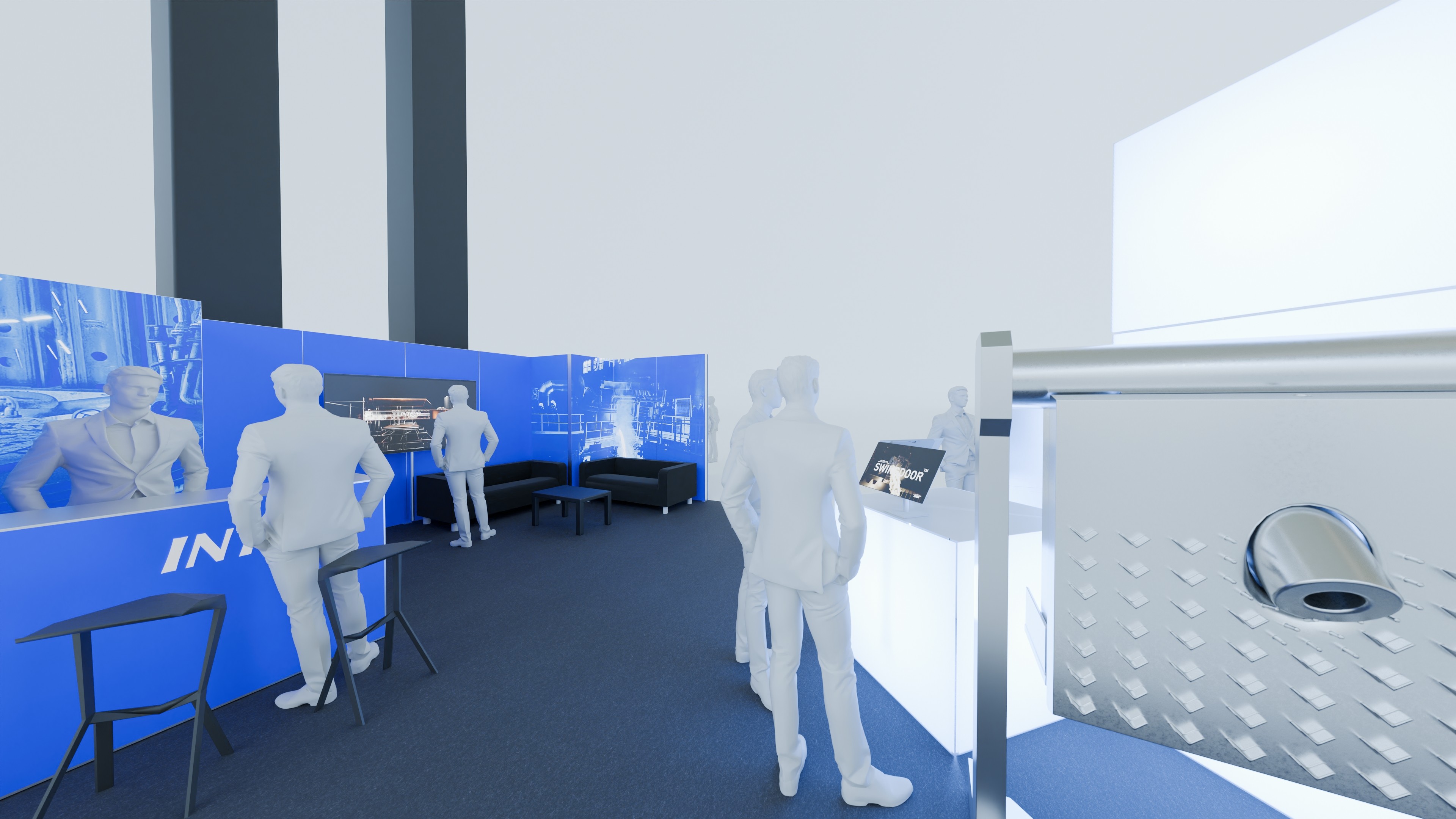 Brand-focused trade fair stand visualization for Inteco with blue elements