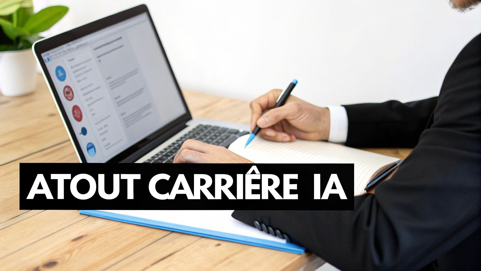 Homme en costume travaillant sur ordinateur portable et écrivant, avec le texte 