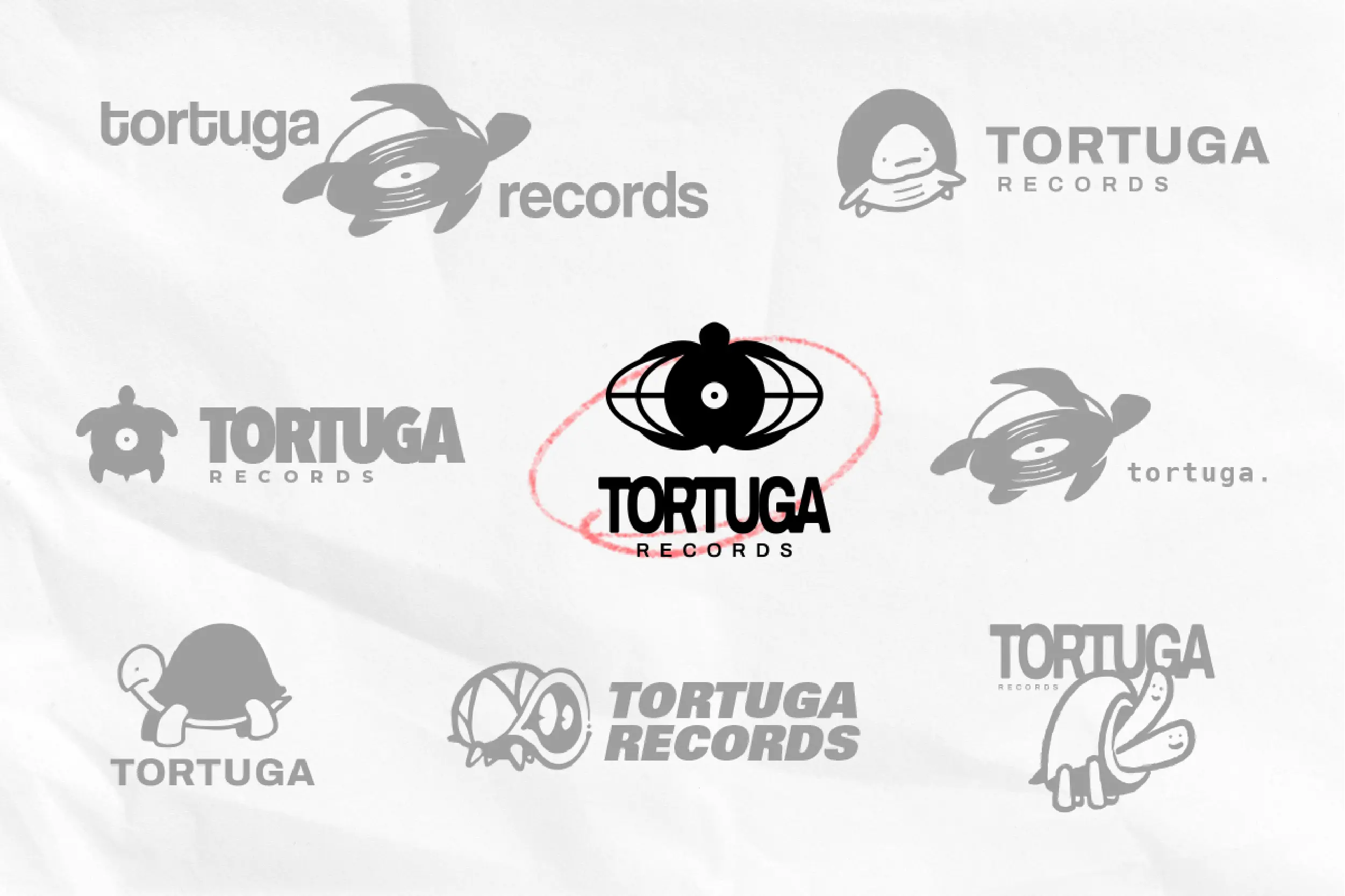 Early Tortuga Records logo sketches showing multiple turtle icon and logotype options, with the selected turtle globe mark circled in red pencil.